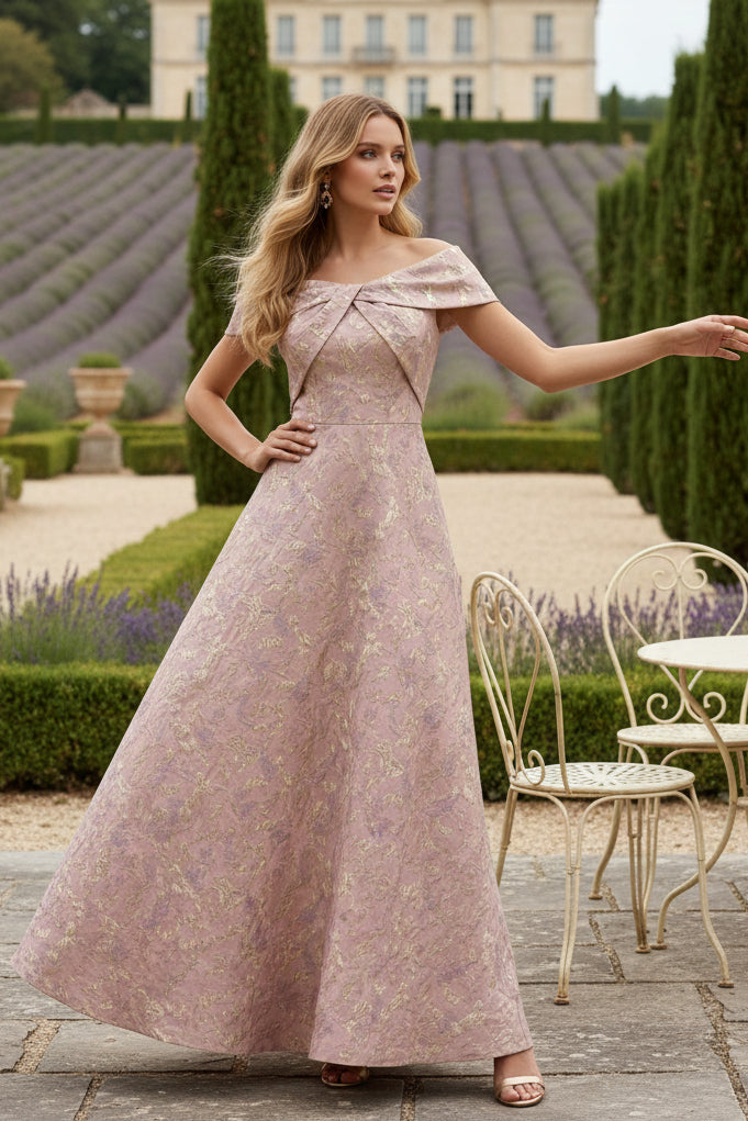 Off-the-Shoulder Jacquard Mother of the Bride Dresses Sleeveless Floral Ankle-Length