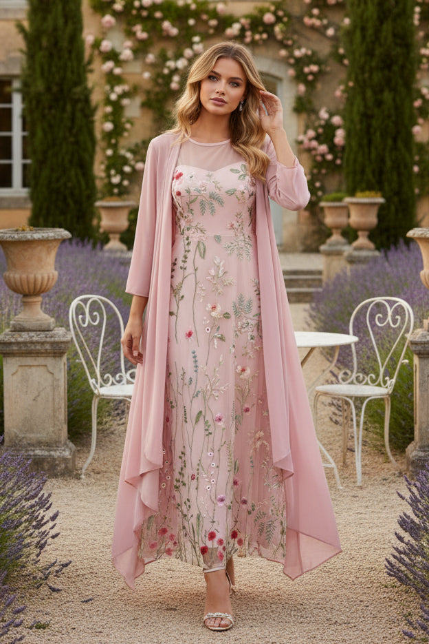2 Pieces A-Line/Princess Scoop Chiffon Mother of the Bride Dresses Long Sleeves Ankle-Length Lace Floral