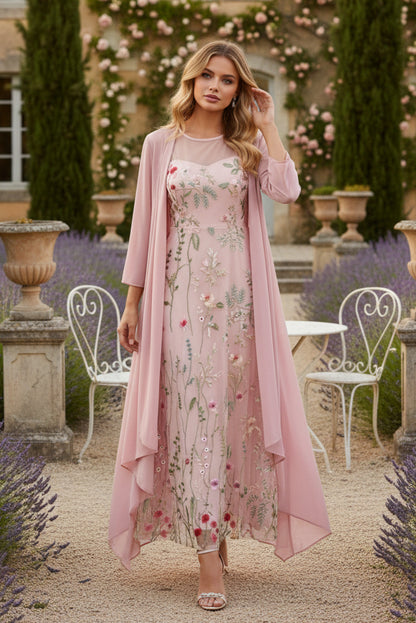 2 Pieces A-Line/Princess Scoop Chiffon Mother of the Bride Dresses Long Sleeves Ankle-Length Lace Floral
