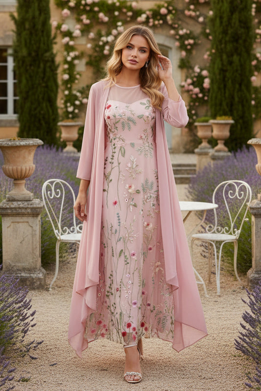 2 Pieces A-Line/Princess Scoop Chiffon Mother of the Bride Dresses Long Sleeves Ankle-Length Lace Floral