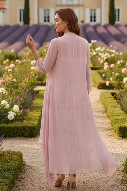 2 Pieces A-Line/Princess Scoop Chiffon Mother of the Bride Dresses Long Sleeves Ankle-Length Lace Floral