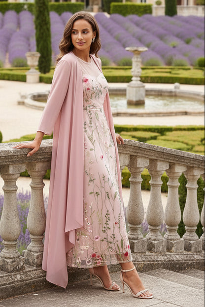 2 Pieces A-Line/Princess Scoop Chiffon Mother of the Bride Dresses Long Sleeves Ankle-Length Lace Floral