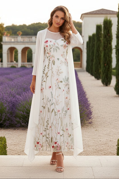 2 Pieces A-Line/Princess Scoop Chiffon Mother of the Bride Dresses Long Sleeves Ankle-Length Lace Floral