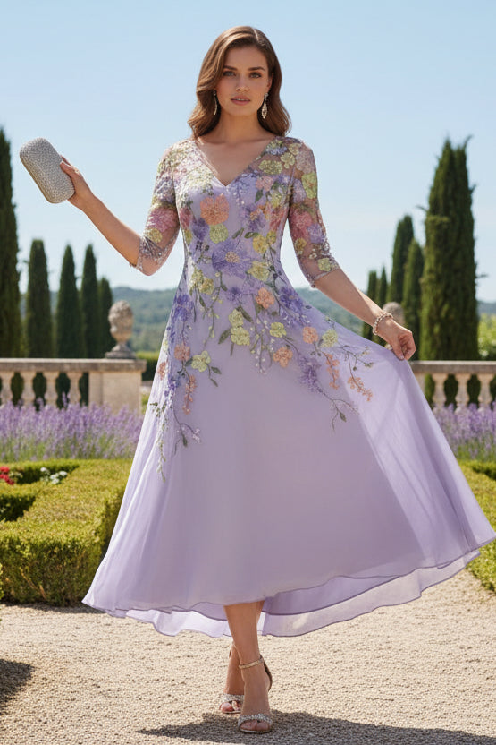 V-Neck Chiffon Mother of the Bride Dresses Half Sleeves Lace Floral Asymmetrical Tea-Length