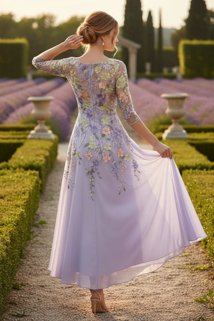 V-Neck Chiffon Mother of the Bride Dresses Half Sleeves Lace Floral Asymmetrical Tea-Length