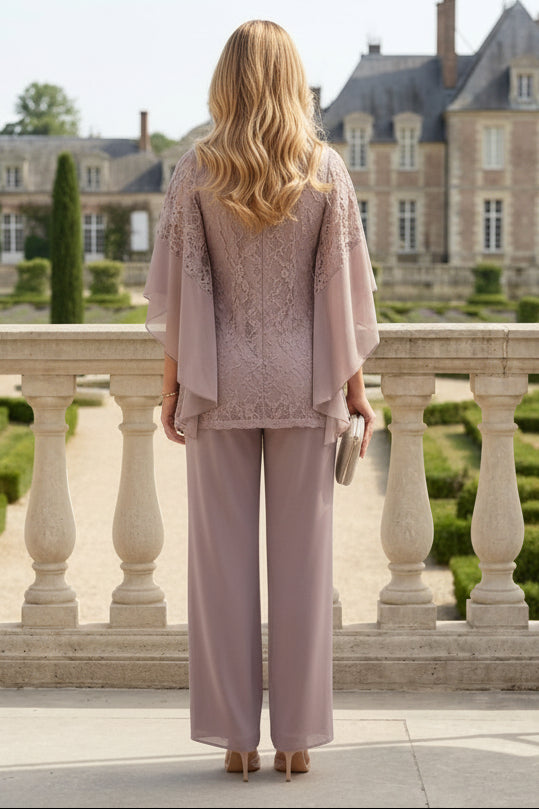 2 Piece Scoop Chiffon Mother of the Bride Pantsuits Half Sleeves Ankle-Length Lace Floral Beading