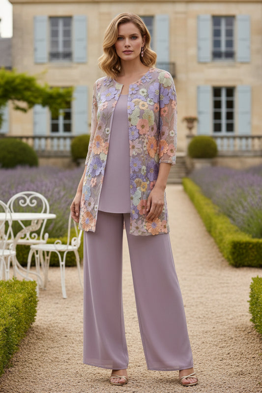 3 Pieces Suit Scoop Chiffon Mother of the Bride Pantsuits Half Sleeves Lace Floral Ankle-Length