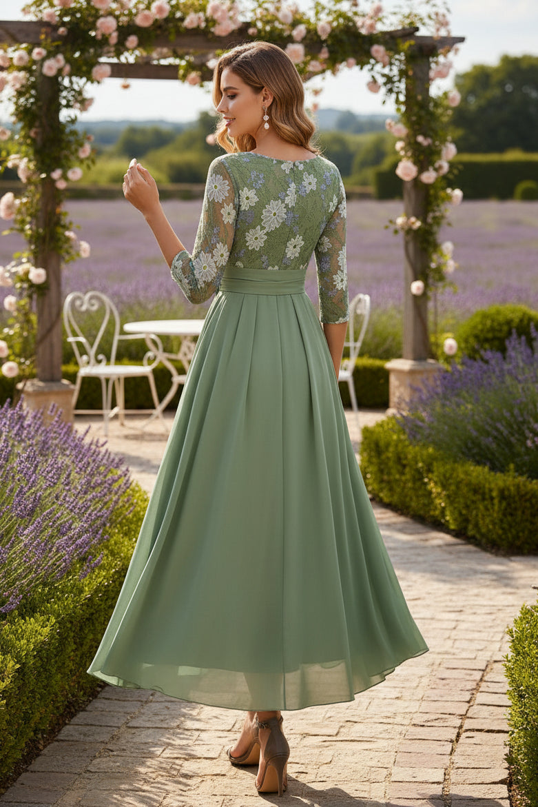 Scoop Chiffon Mother of the Bride Dresses 3/4 Sleeves Lace Floral Tea-Length With Pleated Bowknot