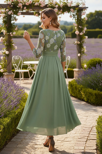 Scoop Chiffon Mother of the Bride Dresses 3/4 Sleeves Lace Floral Tea-Length With Pleated Bowknot
