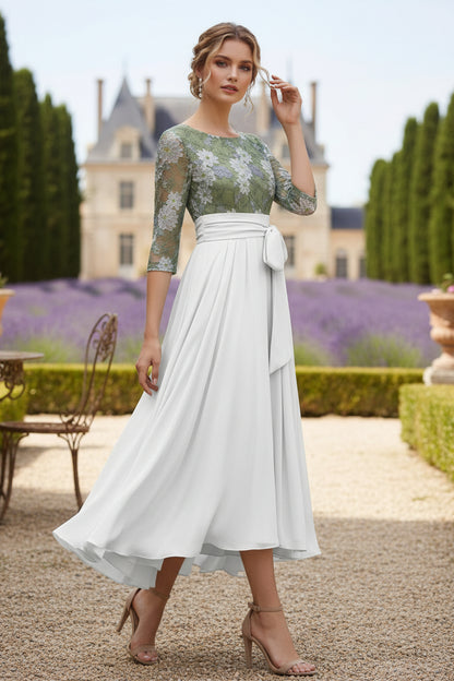 Scoop Chiffon Mother of the Bride Dresses 3/4 Sleeves Lace Floral Tea-Length With Pleated Bowknot