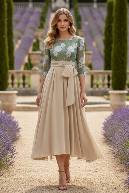 Scoop Chiffon Mother of the Bride Dresses 3/4 Sleeves Lace Floral Tea-Length With Pleated Bowknot