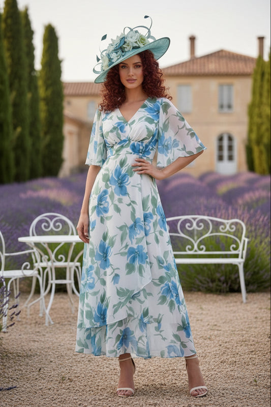 V-Neck Chiffon Mother of the Bride Dresses Short Sleeves Floral Tea-Length Ruched