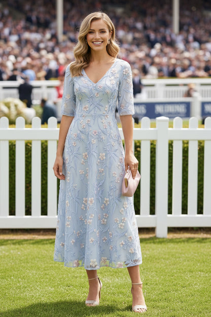 V-Neck Embroidery Mother of the Bride Dresses Floral Half Sleeves Tea-Length