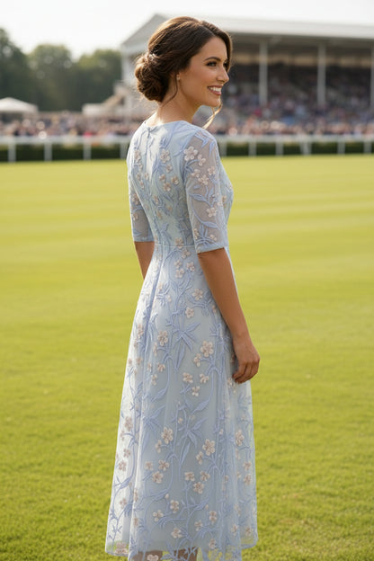 V-Neck Embroidery Mother of the Bride Dresses Floral Half Sleeves Tea-Length
