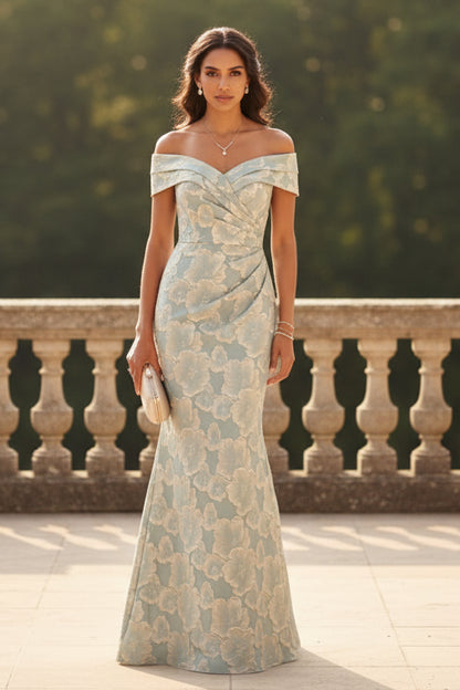 Off-the-Shoulder Jacquard Mother of the Bride Dresses Sleeveless Floral Floor-Length Ruched