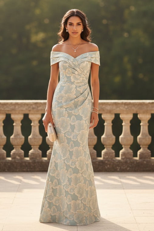 Off-the-Shoulder Jacquard Mother of the Bride Dresses Sleeveless Floral Floor-Length Ruched