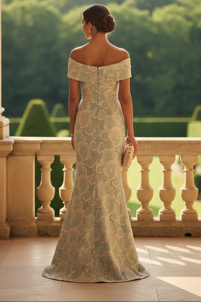Off-the-Shoulder Jacquard Mother of the Bride Dresses Sleeveless Floral Floor-Length Ruched