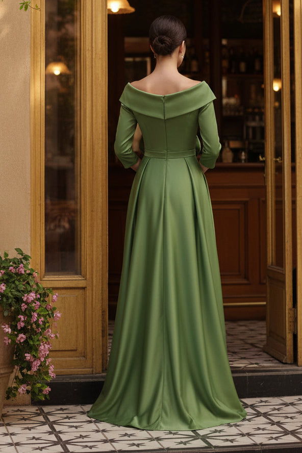 Off-the-Shoulder Satin Mother of the Bride Dresses 3/4 Sleeves Ankle-Length 3D Flower