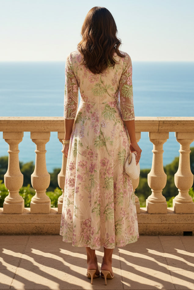 Scoop Sequins Floral Mother of the Bride Dresses Tea-Length 3/4 Sleeves