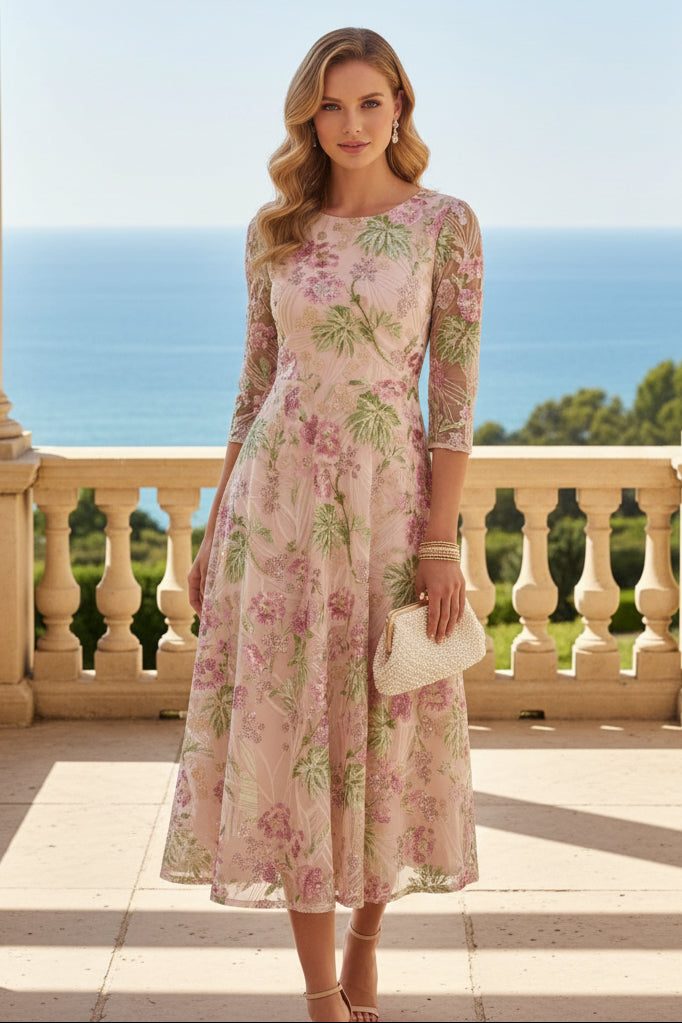Scoop Sequins Floral Mother of the Bride Dresses Tea-Length 3/4 Sleeves