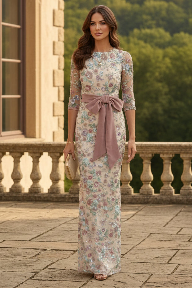 Scoop Lace Sequins Mother of the Bride Dresses Floral 3/4 Sleeves Floor-Length Bowknot