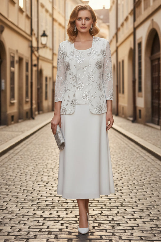 Scoop Chiffon Mother of the Bride Dresses with Jacket Sequins Tea-Length 3/4 Sleeves Floral