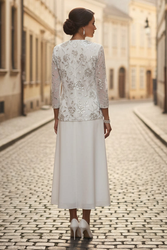 Scoop Chiffon Mother of the Bride Dresses with Jacket Sequins Tea-Length 3/4 Sleeves Floral