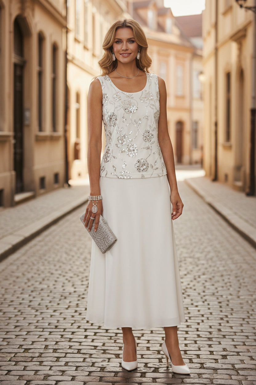 Scoop Chiffon Mother of the Bride Dresses with Jacket Sequins Tea-Length 3/4 Sleeves Floral