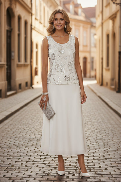 Scoop Chiffon Mother of the Bride Dresses with Jacket Sequins Tea-Length 3/4 Sleeves Floral