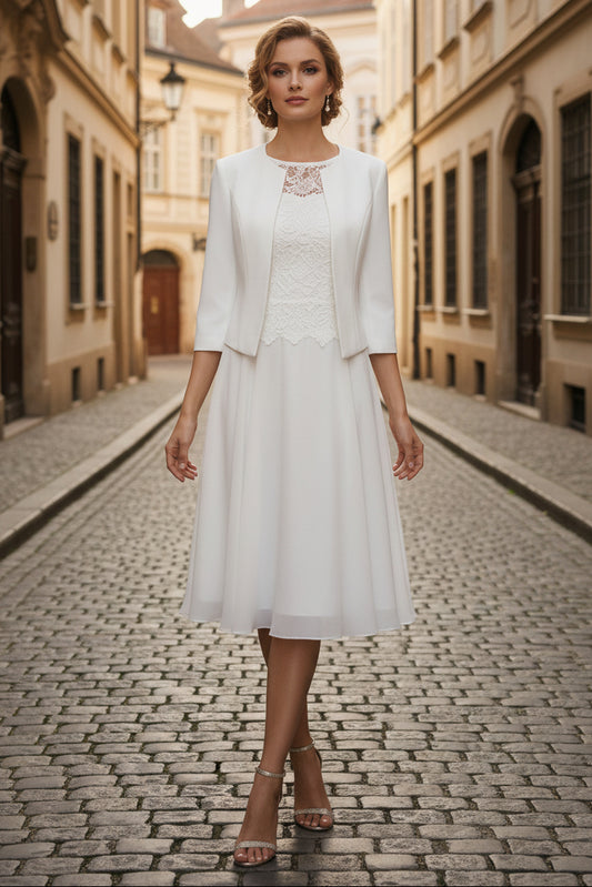 Scoop Chiffon Mother of the Bride Dresses with Jacket Lace Floral Tea-Length 3/4 Sleeves
