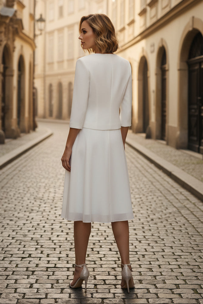 Scoop Chiffon Mother of the Bride Dresses with Jacket Lace Floral Tea-Length 3/4 Sleeves