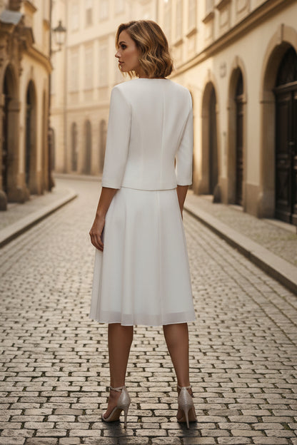 Scoop Chiffon Mother of the Bride Dresses with Jacket Lace Floral Tea-Length 3/4 Sleeves