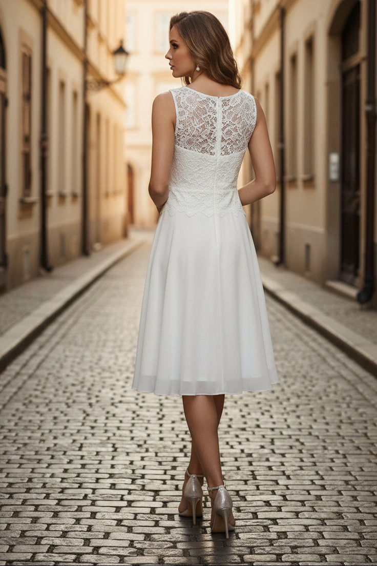 Scoop Chiffon Mother of the Bride Dresses with Jacket Lace Floral Tea-Length 3/4 Sleeves