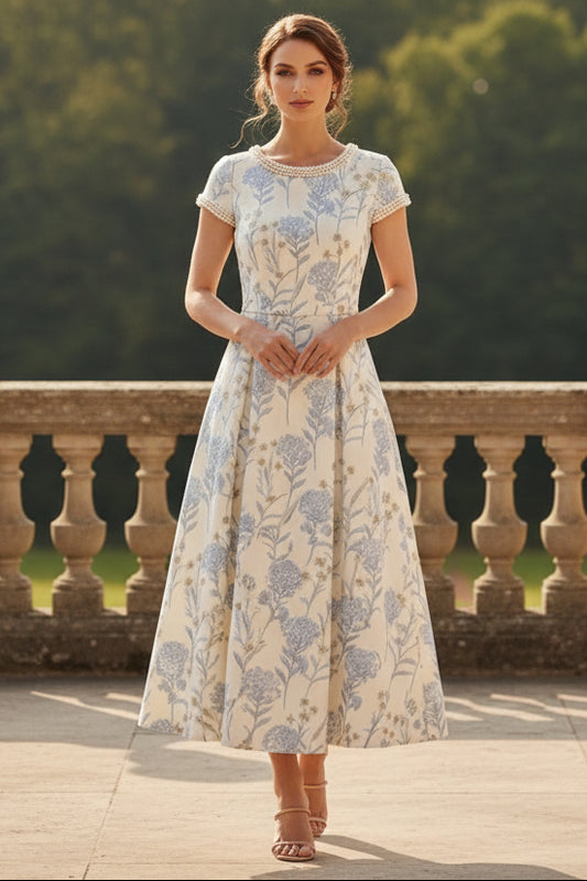 Scoop Jacquard Mother of the Bride Dresses Floral Short Sleeves Tea-Length Beading
