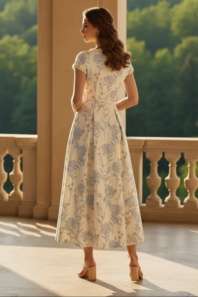 Scoop Jacquard Mother of the Bride Dresses Floral Short Sleeves Tea-Length Beading