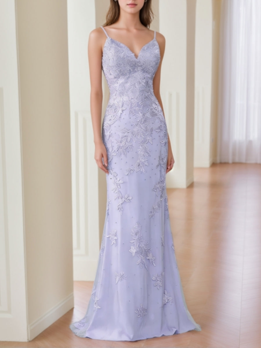 V-Neck Lace Prom Dresses Sleeveless Floor-Length Formal Dresses Spaghetti Straps