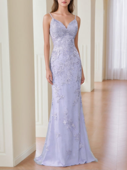 V-Neck Lace Prom Dresses Sleeveless Floor-Length Formal Dresses Spaghetti Straps