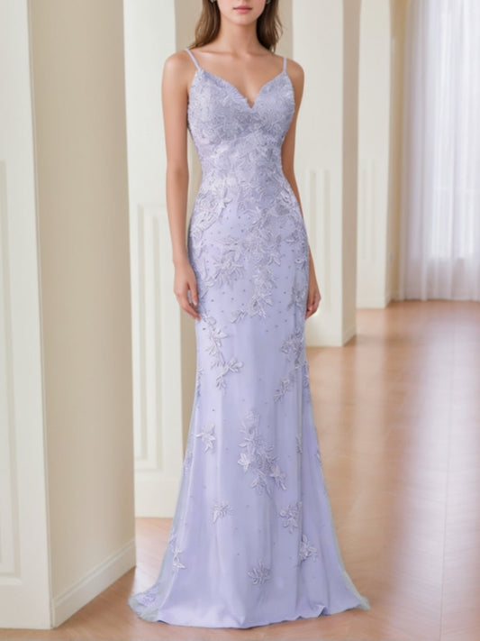 V-Neck Lace Prom Dresses Sleeveless Floor-Length Formal Dresses Spaghetti Straps