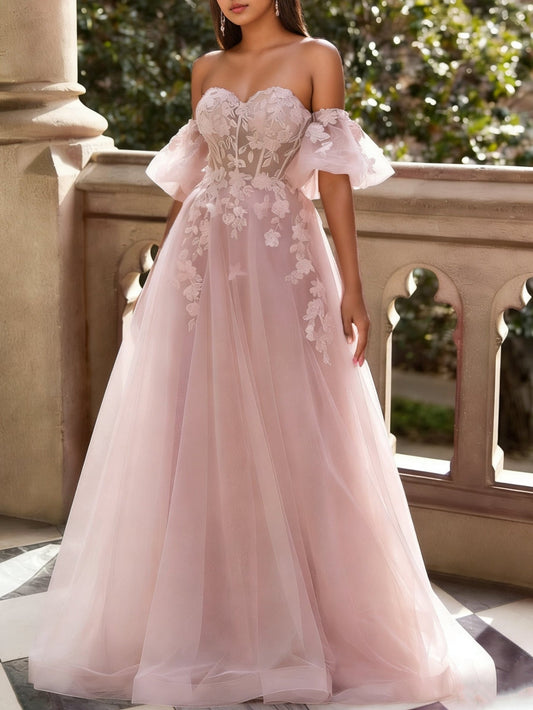 Tulle Sweetheart Prom Dresses Floor-Length Lace Convertible Short Sleeves Formal Dresses