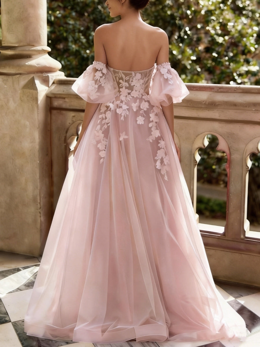 Tulle Sweetheart Prom Dresses Floor-Length Lace Convertible Short Sleeves Formal Dresses
