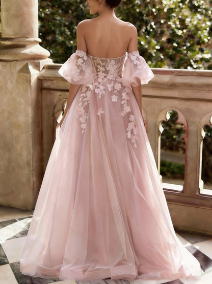 Tulle Sweetheart Prom Dresses Floor-Length Lace Convertible Short Sleeves Formal Dresses