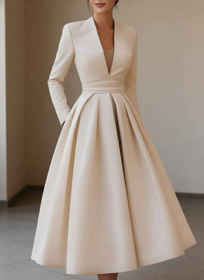 V-Neck Satin Cocktail Dresses Tea-Length Long Sleeves Pleated Formal Dresses