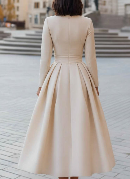 V-Neck Satin Cocktail Dresses Tea-Length Long Sleeves Pleated Formal Dresses