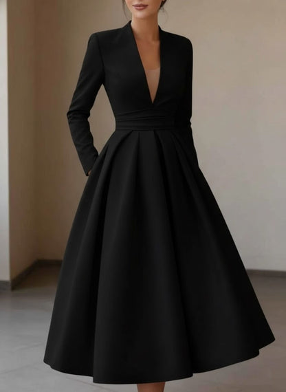 V-Neck Satin Cocktail Dresses Tea-Length Long Sleeves Pleated Formal Dresses