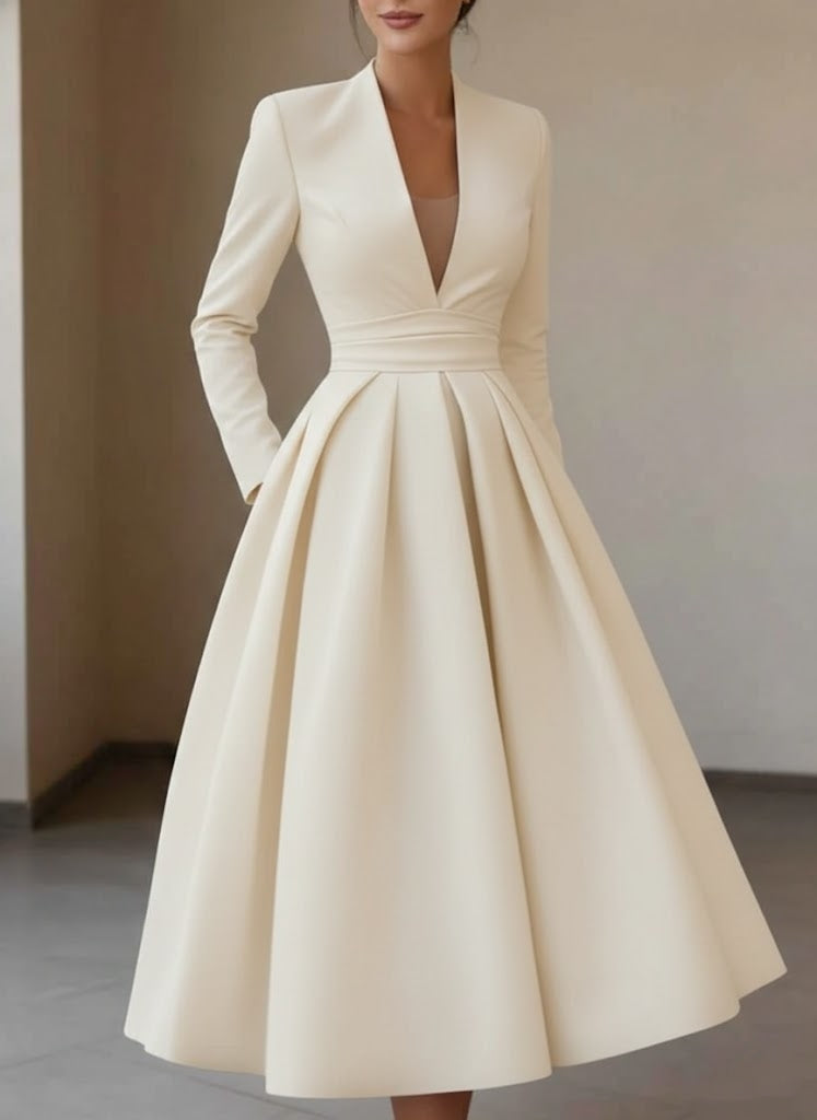 V-Neck Satin Cocktail Dresses Tea-Length Long Sleeves Pleated Formal Dresses