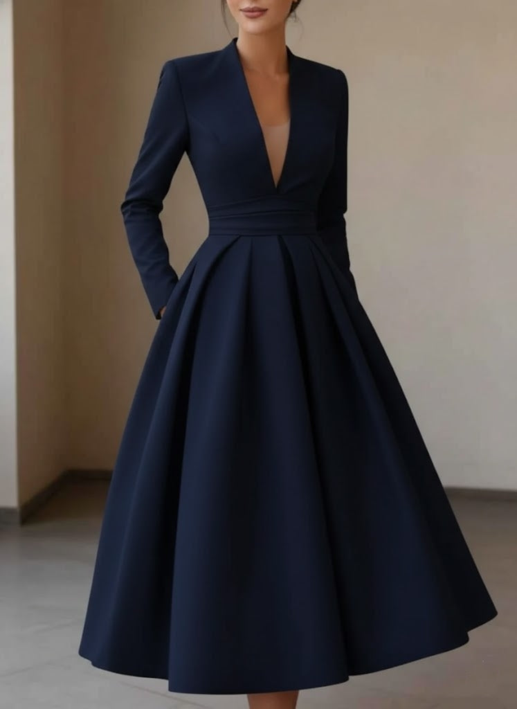 V-Neck Satin Cocktail Dresses Tea-Length Long Sleeves Pleated Formal Dresses