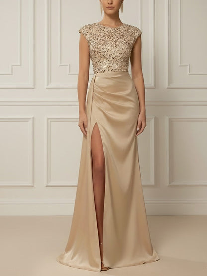 Scoop Satin Evening Dresses with Split Side Sleeveless Sequins Floor-Length Party Dresses