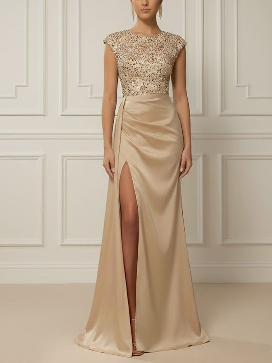 Scoop Satin Evening Dresses with Split Side Sleeveless Sequins Floor-Length Party Dresses