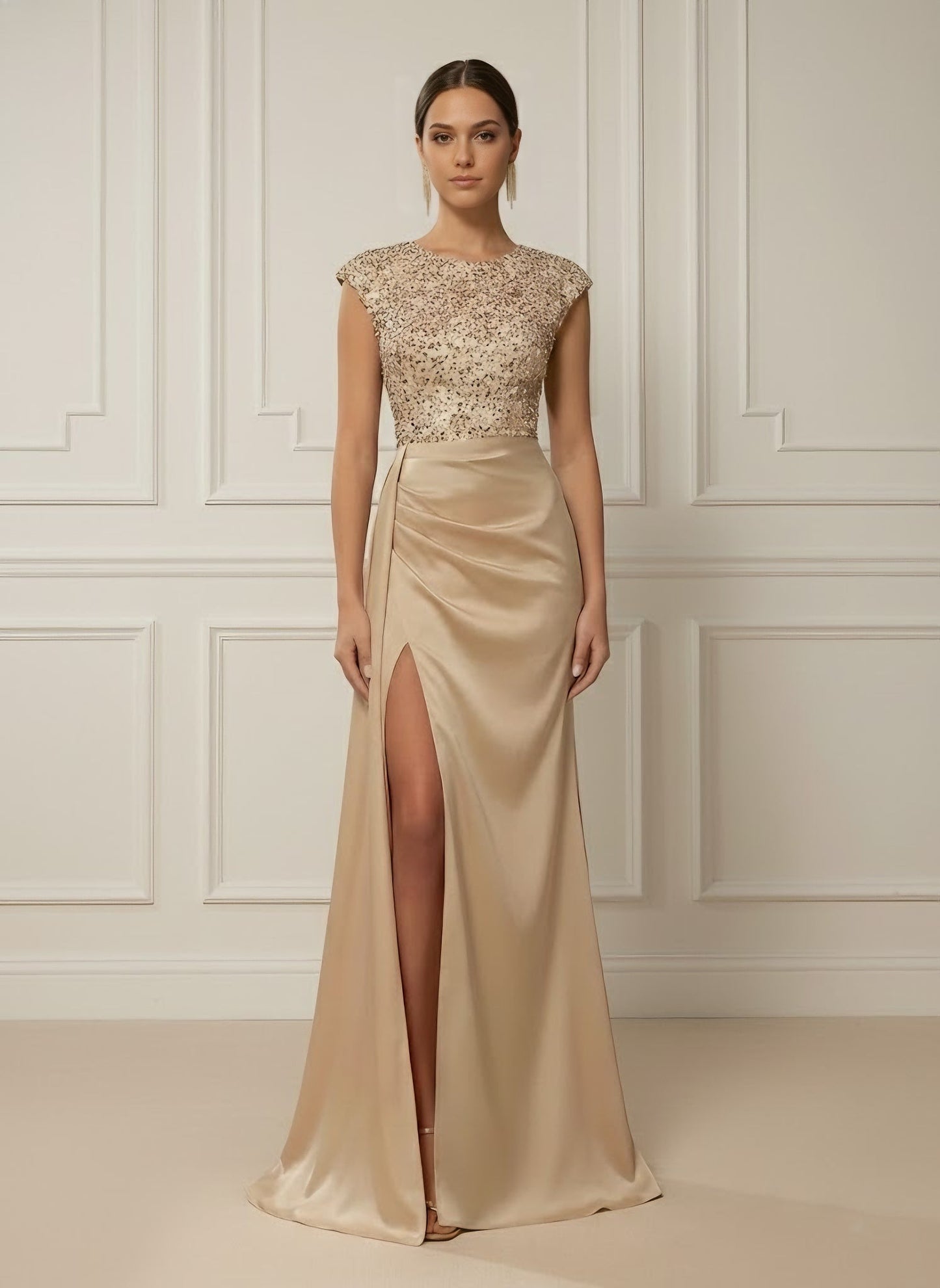 Scoop Satin Evening Dresses with Split Side Sleeveless Sequins Floor-Length Party Dresses