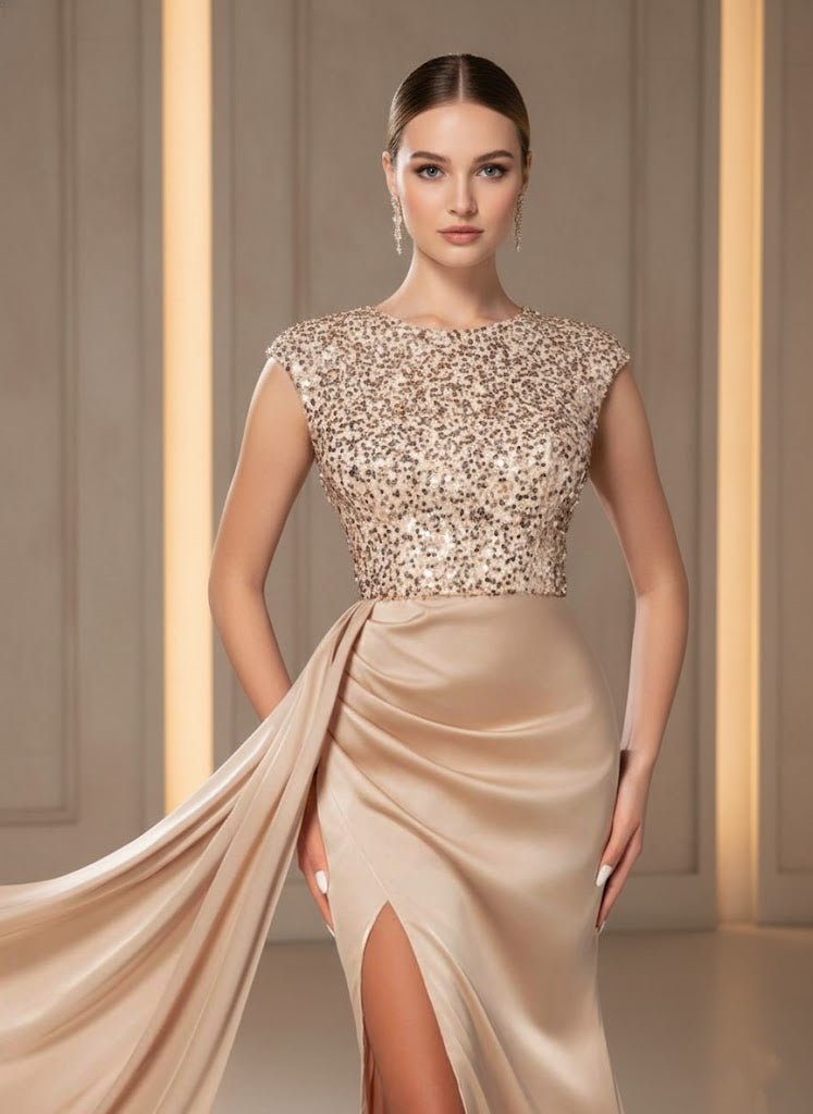Scoop Satin Evening Dresses with Split Side Sleeveless Sequins Floor-Length Party Dresses